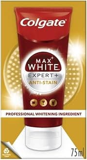 Colgate Max White Expert + Anti-Stain Teeth Whitening toothpaste 75ml - Advanced Stain Removal Technology - Helps Prevent Future Stains - Enamel Safe For Daily Use