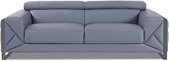BlackJack Furniture Gianni Top Grain Italian Leather Sofa with 9-Position Adjustable Headrests, Contemporary Geometric Pattern, Chrome Hardware & Durable Hardwood Frame, Light Blue