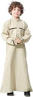 IMEKIS Kids Thobe for Muslim Boys Arab Tobes Long Sleeve Kaftan Embroidered Robe with Pockets Islamic Arabic Abaya Clothes