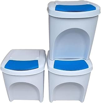 StolmetLarge Stackable Recycling Bins Set of 3x25L (Brand KrysGo) - Customizable Lids with Recycling Stickers - Waste Sorting for Home, Kitchen, Office (White + Blue)