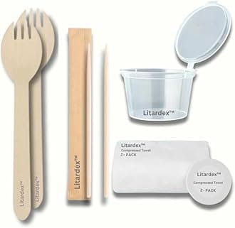 Wooden Spork Set, 24 Pack, with Toothpicks, Dipping Cup, Compressed Towels