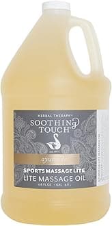 Soothing Touch Sports Massage Lite Oil, 1 Gallon, Deep Penetration, Quick Absorption, Peppermint, Eucalyptus, Clove, Relieve Tension and Muscle Pain, Leaves No Residue, Soft, Moisturized Skin