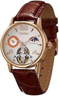 TIME100 Mens Automatic Mechanical Wrist Watches Leather Sun Moon Phrase Luxury Skeleton Luminous Hands Self-Wind Watch Rose Gold