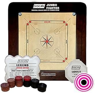 Siscaa Jumbo Fighter Natural Brown Carrom Board 36mm Fast English Birch Ply Best Carrom Board ( Includes Siscaa Legend Special Editon Coin Set and Genius Striker )