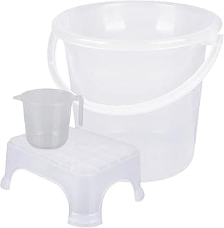 Kuber Industries Bathroom Set|Plastic Bathroom Combo Set|Bucket-Stool-Mug Set for Bathroom|Modern Bath Set|Set of 3|Transparent,White