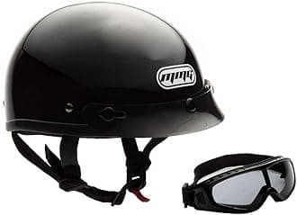 MMG Half Open Face Helmet Motorcycle Cruiser Classic DOT - Goggles Included. (Glossy Black, L)