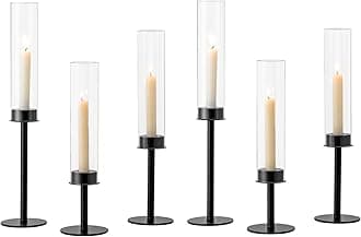 Hewory Black Candlestick Holders Hurricane Candle Holder, 6Pcs Candle Stick Candle Holder Candelabra, Taper Candle Holders with Glass Candle Cover for Wedding Table Centerpiece Christmas Decor