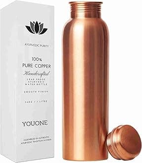 YOUONE 100% Copper Water Bottle Leak Proof for dining (1 LTR) 1000 ml Bottle 1000 ml Bottle (Pack of 1, Copper, Copper)