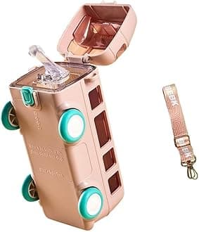 Kid's Cartoon Water Bottle with Adjustable Strap – Cute Double Drinking Straw Cup | Leak-Proof, Portable Tumbler – 500ml – Perfect for School | Outdoor Fun (Pink Bus Bottle)