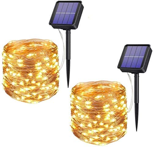 Solar Powered String Lights, PCJHSP 2 Pack 100 LED Solar Fairy Lights 33 feet Waterproof 8 Modes Copper Wire Lights for Indoor/Outdoor Gardens Homes Wedding Holiday Party (Warm White)