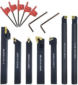Indexable Lathe Turning Tool,1/2'' Shank 7 Pieces Carbide Turning Tool Set Right Hand Metal Lathe Tool Holder for Turning Grooving Threading Boring Steel Cutting Tools