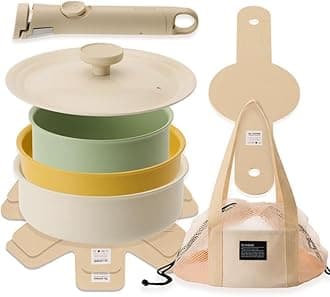 Dr.HOWS DANZI Cookware Set, PFOA-free Nonstick Ceramic Coated Pots and Pans, Great for Campers, Multi-size Lid, Detachable Handle, For Gas, Electric, Halogen, Induction stoves PFOA free (7P Set)