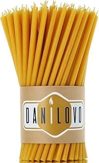 Danilovo Beeswax Candles 50 pcs, Yellow - No-Drip, Smoke-Less, Tall, Thin Taper Candles – Decorative Candles for Church Prayer, Decor or Birthday Candles – 6.4 Inch Tall x 0.22 Inch Diameter