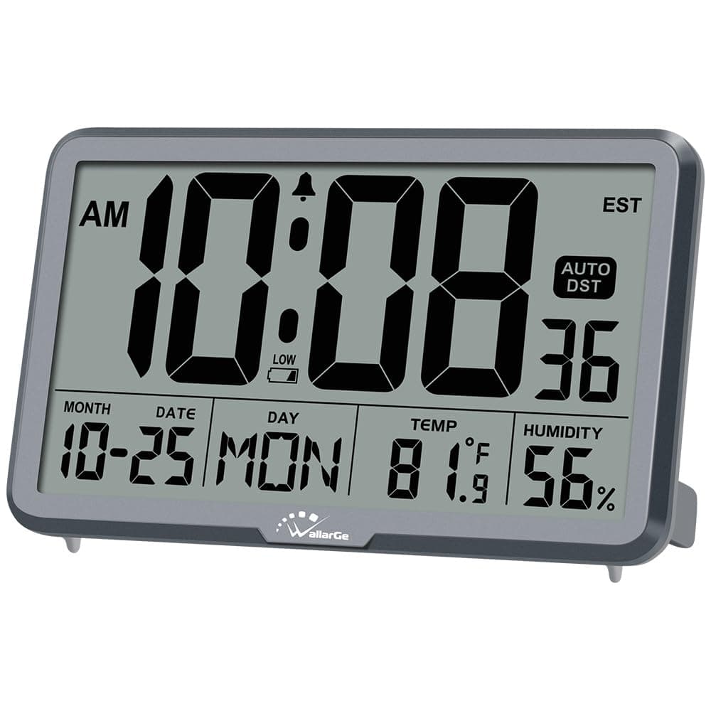 WallarGe Auto Set Digital Wall Clock Battery Operated, Desk Clocks with Temperature, Humidity and Date, Large Display Digital Calendar Alarm Clock for Elderly, Bedroom, Office, 8 Time Zone, Auto DST.