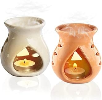 Pure Source India Ceramic Oil Burner Aroma Diffuser Set of 2 (Orange & Off-White)