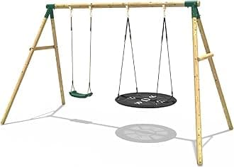 Rebo® Children's Wooden Garden Swing Set - Meteorite Green | OutdoorToys | Pressure Treated Timber, Large 100cm High Density Nest Swing, Sturdy Construction