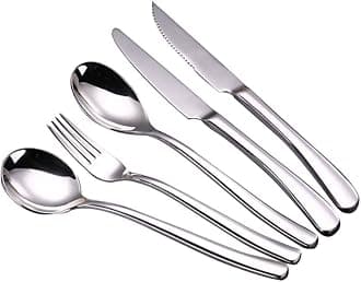 Silverware Flatware Cutlery Set, 5/20/30/40/50/60 Pieces Household Stainless Steel Cutlery Set, Steak Knife, Main Table Spoon, Main Table Fork, Dessert Spoon (Silver 10Set)
