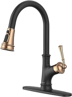 APPASO Matte Black and Rose Gold Pull Down Kitchen Faucet with Easy-Retract Sprayer - Single Handle High Arc One Hole, CUPC-Certified Pull-Out Hose, Water Supplies and Valve Core