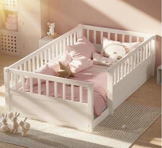 Bellemave Twin Size Floor Bed with high Rails for Kids, Girls, Boys, Wood Montessori Floor Bed Without Door, White