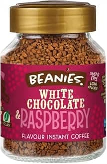 BEANIES Flavoured Instant Coffee White Chocolate & Raspberry Hot & Cold Coffee Makes 25 Cups 100% Arabica Light Roasted Coffee Sugar Free 50g. Bottle (White Chocolate & Raspberry)