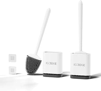 ASOBEAGE Silicone Toilet Brush: Flexible Head, Long Handle, Wall-mounted, Quick-drying Holder for Bathroom Clean (White, 2 Packs)