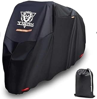 Motorcycle Cover -Waterproof Outdoor Storage Bag, Made of Oxford Material, Fits up to 116" Harley Davison and All Motors (Black& Lockholes& Professional Windproof Strap)