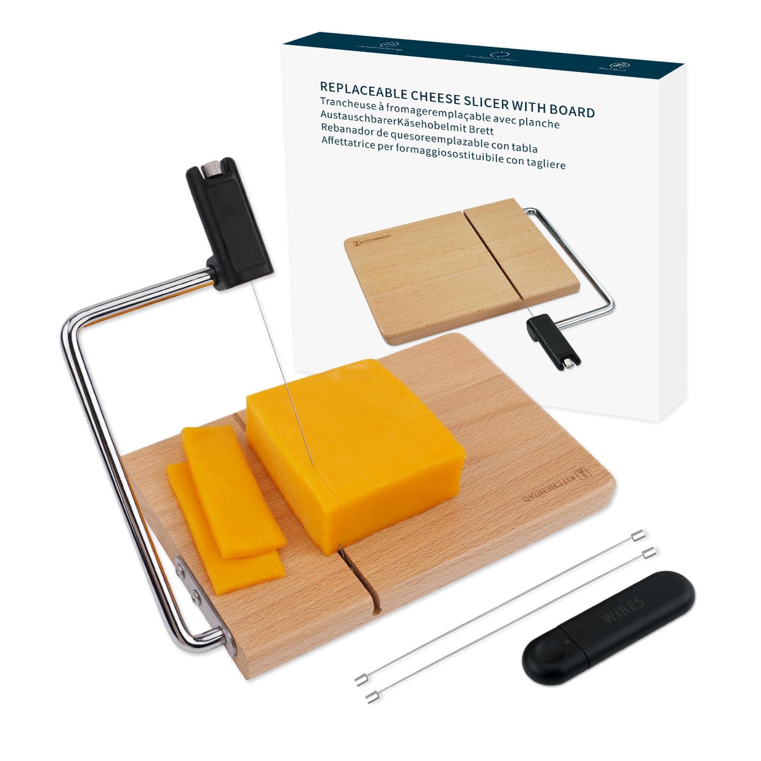 KITCHENDAO Replaceable Wire Cheese Slicer with Board, Tightness Adjustable Cheese Slicer, Beech Wood Cheese Cutter for Block Cheese, Easy to Replace, with 2 Extra Upgrade Strong Wires