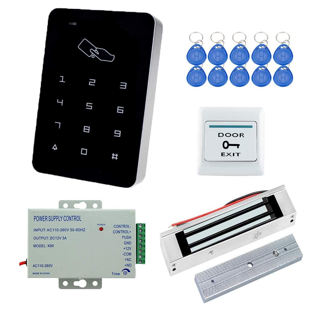 Full Set Door Entry Access Control System Kit Controller Keypad 125KHz Reader + 180kg / 350lbs Electric Magnetic Lock + DC12V Power Supply+Exit Button+10pcs RFID Key fobs