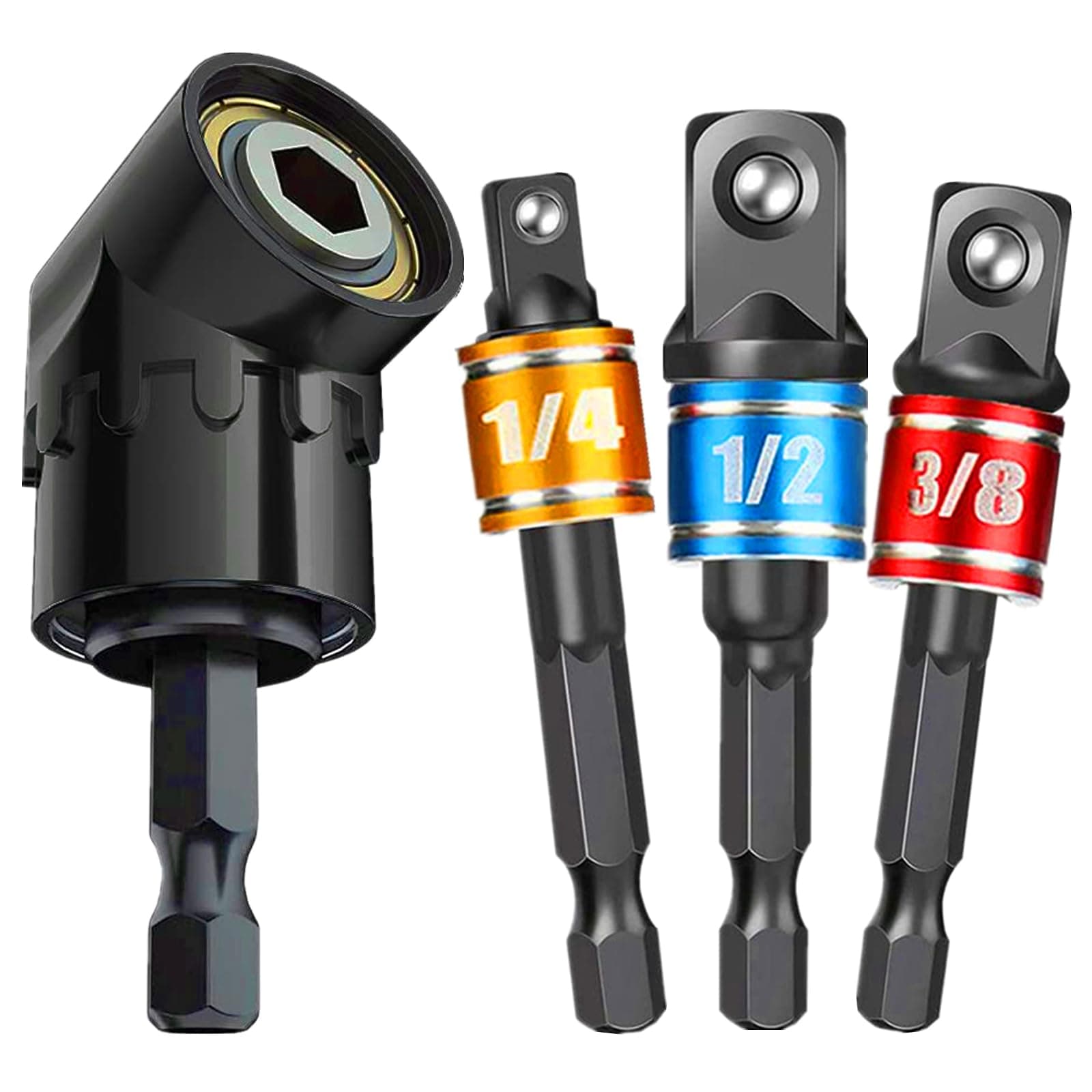 Impact Grade Power Hand Tools Driver Sockets, Includes 3Pcs Impact Driver Bit Set with Holder 1/4 3/8 1/2" Wrench Ratchet Extension Drive Attachment, Hex Shank 105° Right-Angle-Drill-Attachmen