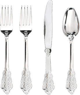 WDF 200 Pieces Silver Plastic Silverware Disposable - 50Guests Silverware Plastic Cutlery - Disposable Utensils Includes 100 Forks, 50 Spoons, 50 Knives Perfect for Christmas Wedding or Party