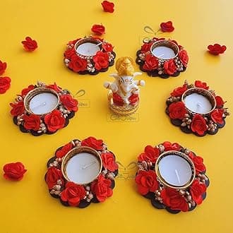 6Pcs Red Diwali Decorative Handmade Tealight Designer Diyas with Ganesha Idol - Deepak, Candles, Home Decor for Puja Festival New Year Ganesha Chaturthi