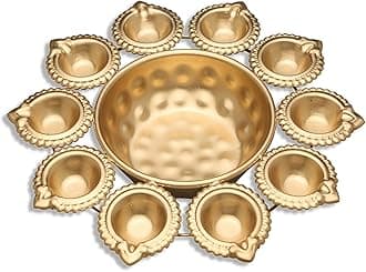 Diya Shape Iron Flower Decorative Urli for Home | Handcrafted | Golden | Decorative Metal Diya Traditional Golden Bowl Table Decor Gift (Diya URLI Bowl 12 INCHES 10 Diya)
