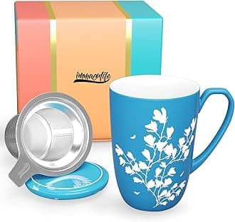 Tea Cup with Infuser and Lid - Tea Mug with Lid for Steeping Loose Leaf Coffee Milk Women Office Home Gift 16oz Navy Flower