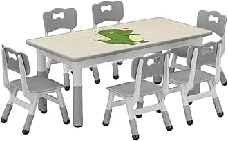 GAOMON Kids Table and 6 Chairs Set with Storage Box, Height Adjustable Toddler Table and Chair Set for Ages 2-10, Graffiti Desktop, Non-Slip Legs, Children Activity Table for Daycare Classroom Home