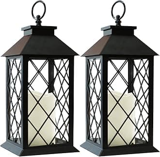 Bright Zeal 2-Pack 13.5" Vintage Candle Lantern with LED Pillar Candle (Black, 6hr Timer) - IP44 Waterproof Battery Powered Decorative Light - Outdoor Patio Hanging Lantern Decorative Tabletop Light