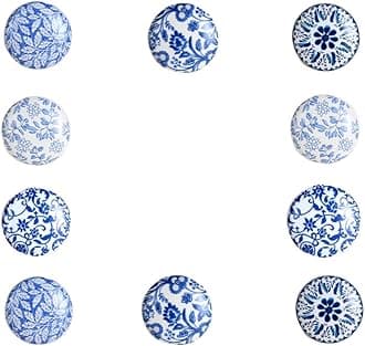 Set of 10 Blue Round Ceramic Drawer Knobs - Hand Made Glossy Decorative Vintage Knobs - for Home, Kitchen, Cupboard, Glass, Door Knobs, Dresser, Closet, Wardrobe and Drawer Pulls