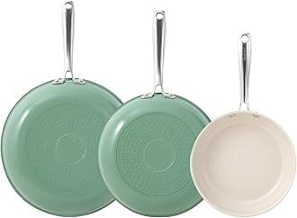 Non Stick Ceramic Frying Pan Set, Non Toxic Ceramic Pans for Cooking, 8" 9.5" 11" Skillet Set, No PFAS & PTFE & PFOA with Stainless Steel Handle, Dishwasher & Oven Safe Max up to 842°F (Green)