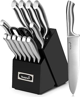 Kuisine Sharp Knife Set,One-piece Molding Kitchen Knife Set,Sharper Blade Ergonomic Non-slip Steel Handle,Block Knife Set Chef Knife Set with Built-in Sharpener(Black,15PCS)