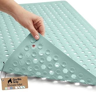GORILLA GRIP Patented Bath Tub Shower Mat, Machine Washable Bathtub Floor Liner Mats, Suction Cups and Drain Holes to Keep Tubs Clean, Soft on Feet, Bathroom Essentials, 35x16 Inch, Mint Opaque