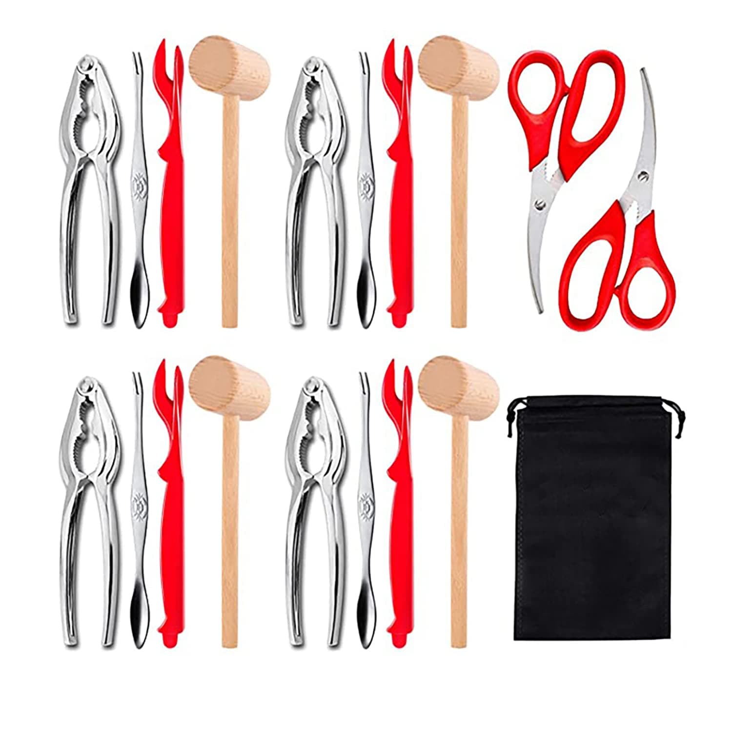 19Pcs Seafood Tool Set Nut Cracker Set Include 4 lobster crab mallets, 4 crab crackers, 4 Lobster Shellers, 4 crab leg forks/picks, 2 Seafood Scissors& Storage Bag