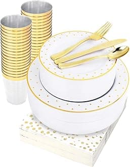 WELLIFE 350Pcs Gold Plastic Plates for 50 Guests, Disposable Plates for Party, Plates and Napkins Party Supplies, Includes 100 Party Plates,150 Gold Silverware Disposable,50 Napkins,50 Cups