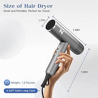 Ionic Professional Hair Dryer with Diffuser for Curly Hair,1600W&110000RPM High Speed Blow Dryer for Women,Fast Drying,Lock Function,Low Noise,Lightweight for Home Travel Salon,Grey&Silver