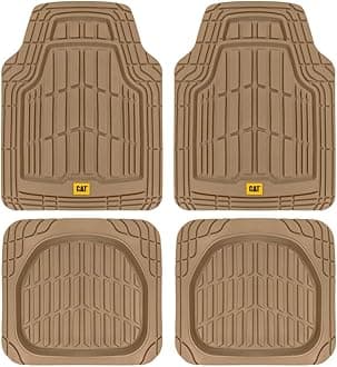 Caterpillar CAT ToughRide Heavy-Duty 4 Piece Rubber Floor Mats for Car Truck Van SUV, Beige – Odorless Trim to Fit Car Floor Mats, All Weather Deep Dish Automotive Floor Mats, Total Dirt Protection