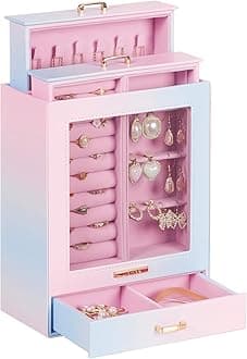 Homde Jewelry Organizer Girls Women Jewelry Box for Necklaces Rings Earrings Gift Bracelets Storage Case (Blue - Pink Gradient + Gold)