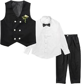 LOLANTA Boys' 4-Piece Formal Suit, Wedding Ring Bearer Outfit Vest Pants with Dress Shirt Bow Tie for Graduation 2-13 Years