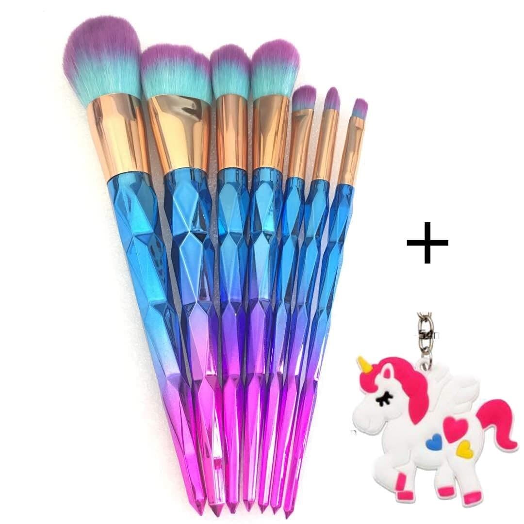 7PCS Diamond Shape Professional Makeup Brushes Set Rainbow Colours Includes FREE Unicorn Key-ring/Key-chain
