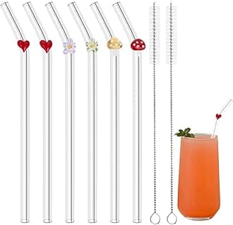 6Pcs Cute Glass Straw with with 2Pcs Cleaning Brush, Glass Strwas with Different Charms, Reusable Bent Glass Straws with Multiple Designs Includes Hearts Flowers Mushrooms for Smoothie Coffee Juice