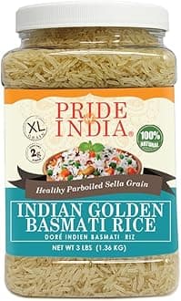 Pride Of India - Extra Long Indian Golden Basmati Rice - 3 lbs Jar - Healthier, Firmer & Non-Sticky Parboiled Sella Grain - Low Glycemic Value - Used to Make Dill Rice, Afghani Pulao
