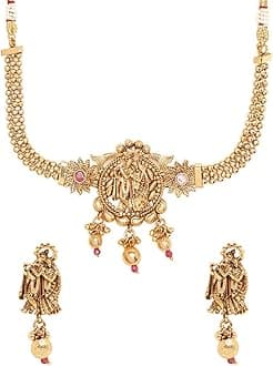 Yellow Chimes Jewellery Set for Women Gold Plated Traditional Temple Jewelry Set Antique Necklace Set with Earrings and Maangtikka for Women and Girls
