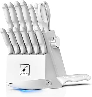 imarku Knife Set With Block, White Knife Sets, Knife Block Set, 14pcs Stainless Steel Kitchen Knife Set, Kitchen Essentials for New Home, Apartment Essentials, Built-in Sharpener, Dishwasher Safe
